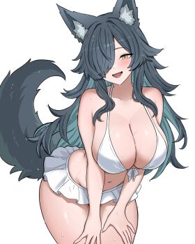 1girl animal_ears aqua_hair bikini black_hair blush breasts fox_ears fox_tail hair_over_one_eye highres ishinabe_art large_breasts long_hair multicolored_hair navel open_mouth original smile solo stomach swimsuit tail white_bikini yellow_eyes