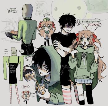 Rule 34 | 1boy, 1girl, ahoge, apron, bandaid, bandaid on knee, bandaid on leg, black apron, black hair, black shirt, black socks, black thighhighs, blue skirt, blush stickers, bodysuit, brown hair, cardigan, commentary, cooking, cup, drunk, english commentary, english text, green bodysuit, green eyes, green hoodie, hair between eyes, hair ornament, hair ribbon, heart, heart hair ornament, highres, holding, holding cup, hood, hoodie, long hair, long sleeves, mask, neuro-sama, open mouth, owo uou, personification, pleated skirt, red ribbon, ribbon, shirt, short hair, single sock, single thighhigh, skirt, socks, speech bubble, striped clothes, striped thighhighs, thighhighs, trembling, turtle, two side up, vedal987, vedal ai, virtual youtuber, yellow cardigan