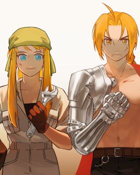 1boy 1girl antenna_hair astrastar bandana belt black_pants blonde_hair blue_eyes brown_gloves closed_mouth collarbone edward_elric fullmetal_alchemist gloves green_bandana highres holding holding_wrench jumpsuit pants ponytail prosthesis prosthetic_arm simple_background sleeves_rolled_up smile standing topless_male winry_rockbell wrench yellow_eyes