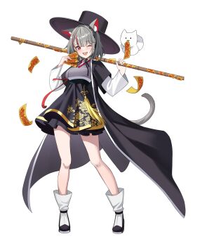 1girl absurdres animal_ear_fluff animal_ears beoseon black_hat cat_ears cat_girl cat_tail clothing_request full_body gat_(hat) gomusin grey_hair hashtag-only_commentary hat highres korean_clothes long_sleeves maro_(neneko_mashiro) multicolored_hair neneko_mashiro one_eye_closed open_mouth red_hair short_hair simple_background stellive streaked_hair tail virtual_youtuber white_background yt9676