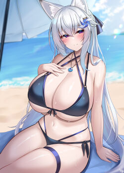 Rule 34 | 1girl, animal ears, arm support, beach, beach towel, beach umbrella, bikini, black bikini, blue sky, breasts, cleavage, closed mouth, crossed bangs, day, flower, fox ears, grey hair, hair between eyes, hair flower, hair ornament, highres, jewelry, kutan, large breasts, long hair, mizuki (kutan), navel, necklace, ocean, original, outdoors, purple eyes, sidelocks, sitting, sky, smile, solo, swimsuit, towel, umbrella