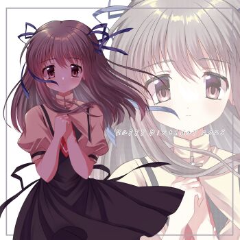 1girl 2025 air_(visual_novel) ascot back_bow black_dress blue_ribbon blush bow brown_eyes brown_hair commentary_request cross_brooch dress expressionless hair_ribbon hair_spread_out hands_on_own_chest happy_birthday highres kazemidori long_hair looking_at_viewer puffy_short_sleeves puffy_sleeves red_ascot ribbon school_uniform short_sleeves solo toono_minagi zoom_layer