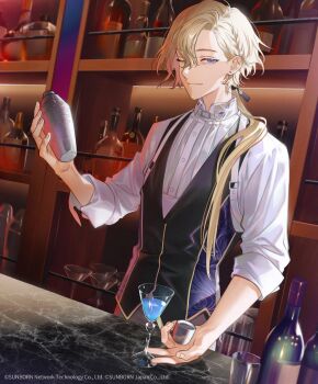 1boy alcohol bar_(place) bartender blonde_hair blue_eyes bottle cocktail_glass cocktail_shaker collared_shirt commentary_request cup drinking_glass earrings gin_(neural_cloud) girls&#039;_frontline girls&#039;_frontline_neural_cloud hair_over_shoulder highres jewelry kyo_zip long_hair looking_at_viewer low_ponytail male_focus mole mole_under_eye one_eye_closed ponytail second-party_source shirt smile solo vest white_shirt