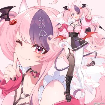 1girl ahoge akagi_(sk0127aho) asymmetrical_clothes black_tiara breasts collarbone demon_girl demon_horns full_body heart heart_ahoge highres horns indie_virtual_youtuber ironmouse jacket large_breasts long_hair pantyhose pink_hair pink_jacket purple_hair single_leg_pantyhose solo_focus tiara twintails upper_body virtual_youtuber white_pantyhose