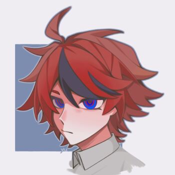 1boy ahoge black_hair blue_eyes chinese_commentary closed_mouth collared_shirt commentary commentary_request cropped_shoulders english_commentary expressionless grey_shirt huishi68491 male_focus mixed-language_commentary multicolored_hair red_hair shirt short_hair signature solo streaked_hair sumino_takumi the_hundred_line_-last_defense_academy- tsurime two-tone_hair