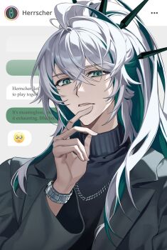 1boy ahoge ainchase_ishmael alternate_costume black_jacket black_shirt chat_log colored_inner_hair commentary_request crossed_bangs elsword empty_eyes english_text ged_s green_eyes green_hair hair_between_eyes hair_over_shoulder hand_on_own_chin herrscher_(elsword) high_ponytail highres jacket jewelry korean_commentary lapels long_hair long_sleeves looking_at_viewer male_focus multicolored_eyes multicolored_hair necklace notched_lapels parted_lips ponytail ringed_eyes shirt sidelocks solo text_background text_messaging turtleneck two-tone_eyes two-tone_hair upper_body watch white_eyes white_hair wristwatch