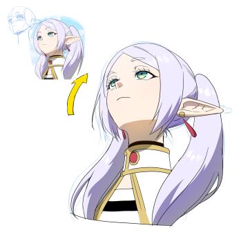 1girl absurdres blue_sky capelet commentary cropped_shoulders earrings elf english_commentary frieren gold_trim green_eyes grey_hair hair_over_shoulder head_back highres jewelry long_pointy_ears looking_up parted_bangs pointy_ears rmfladustmqwkd shirt sketch sky solo sousou_no_frieren striped_clothes striped_shirt teardrop_earrings thick_eyebrows twintails upper_body upward_angle_frieren_drawing white_background white_capelet