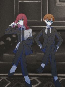 2girls black_jacket black_necktie black_pants black_shoes blue_eyes bob_cut brown_hair collared_shirt commentary couch dress_shirt glasses gloves green_eyes hand_in_own_hair highres jacket katori_youko koe46340265 long_hair long_sleeves looking_at_viewer multiple_girls necktie off-shoulder_jacket off_shoulder on_couch pants red_hair shirt shoes short_hair sitting socks somei_hana white_gloves white_shirt white_socks world_trigger