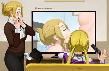 1boy 2girls :&gt;= accident artist_name blonde_hair blush cd cd_case closed_eyes commentary controller convenient_censoring couch earrings english_commentary fellatio flat_screen_tv hagimura_suzu hagimura_suzu&#039;s_mother indoors jewelry living_room long_sleeves mature_female mother_and_daughter multiple_girls on_couch oral patreon_logo patreon_username penis profile remote_control ring seitokai_yakuindomo shirt striped_clothes striped_shirt surprised television twintails watermark wazu_san web_address wedding_ring yellow_eyes