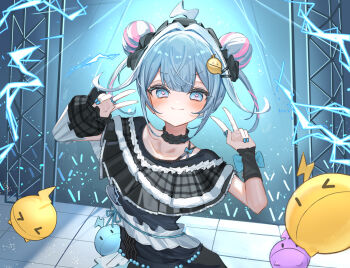 1girl ahoge asymmetrical_sleeves black_choker black_dress black_headdress blue_eyes blue_hair blue_nails blunt_bangs choker closed_mouth concert double_bun double_v dress frilled_choker frilled_dress frills glowstick haidollo hair_bun hair_ornament hashtag-only_commentary heart heart-shaped_pupils highres hololive hololive_dev_is idol lightning_ahoge looking_at_viewer mismatched_sleeves mizumiya_su mizumiya_su_(flowglow_uniform) multicolored_hair nail_polish official_alternate_costume official_alternate_hairstyle penlight_(glowstick) pink_hair pink_streaks short_hair smile solo stage stage_lights streaked_hair symbol-shaped_pupils two-tone_hair upper_body v virtual_youtuber