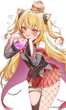 1girl absurdres bare_shoulders black_shirt blonde_hair blush chain chromashift commentary_request cowboy_shot fire fishnet_pantyhose fishnets heart highres long_hair noraneco117 pantyhose pleated_skirt pointy_ears red_eyes red_skirt ruby_runeheart shirt simple_background single_leg_pantyhose skirt solo two_side_up virtual_youtuber white_background