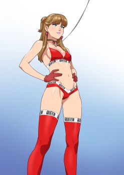 1girl absurdres black_choker blue_background blue_eyes bra breasts brown_hair choker clothes_writing earrings gloves gradient_background hands_on_own_hips heart heart_earrings heart_pendant highres jewelry july_(tekuho) long_hair navel original panties pendant_choker pink_lips red_bra red_gloves red_panties red_thighhighs small_breasts solo tekuho_no_habo thighhighs underwear underwear_writing