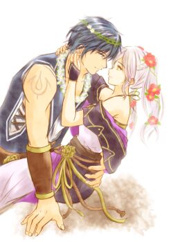1boy 1girl arm_guards armpit_crease bare_shoulders belted_dress breasts capelet chrom_(fire_emblem) cleavage couple dress eye_contact eyelashes female_robin_(fire_emblem) female_robin_(valentine)_(fire_emblem) fingerless_gloves fire_emblem fire_emblem_awakening fire_emblem_heroes flower from_side gloves hair_flower hair_ornament hands_on_another&#039;s_face highres imminent_kiss intelligent_systems leaning_on_person long_dress long_hair looking_at_another medium_breasts mermaid_dress moverabbit0305 muscular_arms neck off-shoulder_capelet off_shoulder official_alternate_costume sidelocks sitting sleeveless sleeveless_dress spaghetti_strap swept_bangs toned toned_male twintails white_hair yellow_eyes