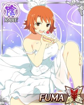 1girl breasts bride brown_eyes cake cake_slice card_(medium) dress eating flower food food_on_body food_on_breasts fuma_(senran_kagura) game_cg hair_flower hair_ornament hair_ribbon knee_up large_breasts looking_at_viewer medium_hair non-web_source official_alternate_costume official_art open_mouth orange_hair ribbon senran_kagura senran_kagura_new_wave sitting solo topknot wedding_dress white_dress white_flower