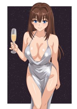 1girl absurdres aozaki_aoko bare_shoulders blue_eyes blush breasts brown_hair cleavage collarbone commentary cup dress drinking_glass english_commentary hair_intakes highres justcuyo large_breasts long_hair looking_at_viewer mahou_tsukai_no_yoru plunging_neckline silver_dress smile solo thighs
