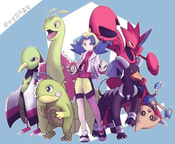 beak black_eyes blue_eyes blue_hair claws closed_mouth gen_2_pokemon highres hitmontop horns houndoom jinon969 kris_(pokemon) meganium multicolored_shirt multicolored_shorts nintendo open_mouth pokemon pokemon_(creature) pokemon_gsc politoed scizor shorts single_horn smile sweater tail white_sweater wings xatu yellow_eyes