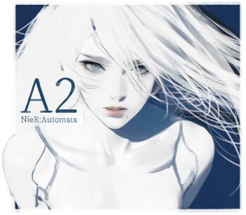 1girl a2_(nier:automata) bare_shoulders blue_background border character_name collarbone commentary_request copyright_name d.k floating_hair hair_over_one_eye limited_palette looking_at_viewer mole mole_under_mouth nier:automata nier_(series) outside_border seams solo straight-on straight_hair upper_body white_border white_hair