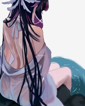 14iucc 1girl artist_name ass back back_focus bare_back bare_shoulders black_hair choker columbina_(genshin_impact) from_behind genshin_impact hair_ribbon head_wings long_hair median_furrow multicolored_hair multiple_wings nape off_shoulder partially_undressed purple_streaks ribbon ribbon_choker ripples see-through_clothes see-through_shirt shirt shirt_partially_removed sidelocks simple_background sitting soaking_feet solo straight_hair streaked_hair tress_ribbon two-tone_hair very_long_hair watermark wet wet_clothes wet_hair wet_shirt white_background white_choker white_ribbon white_wings wings