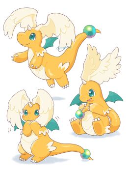 blush claws closed_mouth dragonite feathered_wings flying full_body gen_1_pokemon green_eyes happy head_wings highres horns kana_(maple926) mega_dragonite mega_pokemon nintendo no_humans open_mouth pokemon pokemon_(creature) pokemon_focus simple_background single_horn smile solo tail white_background wings