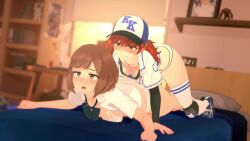 2girls 3d animated anna_(anna_anon) anna_anon ass baseball_cap baseball_uniform black_footwear black_hat black_sports_bra blue_footwear blue_hat blue_shirt blush bow bowtie bra breasts brown_eyes brown_hair closed_mouth constricted_pupils derivative_work dry_humping ela_amano_(anna_anon) eyebrows eyelashes feet_up female_ejaculation female_focus female_orgasm from_above green_bow green_bowtie grin hat highres humping indoors knee_pads kneehighs koikatsu_(medium) long_hair looking_ahead looking_at_another low_twintails lying matching_hair/eyes medium_breasts medium_hair multicolored_hat multiple_girls nose_blush on_bed on_stomach open_clothes open_mouth open_shirt orgasm original panties prone_bone pussy_juice red_eyes red_hair school_uniform second-party_source sex sex_from_behind shaded_face shirt shoes short_sleeves smile sneakers socks sports_bra sportswear tagme teeth tongue tongue_out tribadism twintails two-tone_shirt two-tone_sports_bra uncensored underwear video white_bra white_hat white_panties white_shirt white_socks white_sports_bra yuri