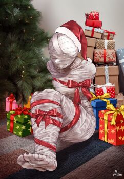 1girl absurdres bandages bdsm bondage bound christmas christmas_present christmas_tree drawfagmona full_body gift hat highres mummification_(bound) mummy original ribbon santa_hat signature sitting solo wrapped_up