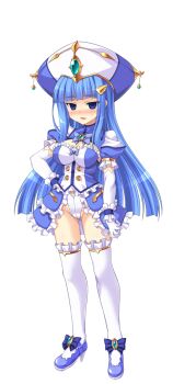 1girl aoi_masami arty_rain blue_dress blue_eyes blue_hair blunt_bangs blush bow breasts cleavage doumyouji_kotetu dress elbow_gloves empty_eyes frilled_thighhighs frills full_body game_cg gloves hair_ornament hairclip hand_on_own_hip hat high_heels highres large_breasts large_variant_set leotard long_hair looking_at_viewer non-web_source official_art open_mouth puffy_sleeves shoes short_sleeves showgirl_skirt skirt solo standing tachi-e thighhighs transparent_background ts_magical_girl_nao variant_set white_gloves white_thighhighs