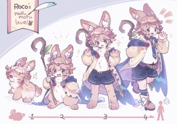 1boy animal_ear_fluff animal_ears arrow_(symbol) bandaid bandaid_on_face blush body_fur boots brown_boots brown_fur brown_hair buttons character_name chest_tuft closed_mouth commentary_request dot_nose full_body furry grey_background gurumin_(gurruguru) hair_between_eyes head_tilt holding holding_staff long_sleeves looking_at_viewer multiple_views notice_lines one_eye_closed open_hand open_mouth original rabbit sparkle staff standing tareme variations white_background white_fur