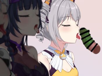 1boy 3girls :d bar_censor bare_shoulders blush bodysuit bow breasts bronya_zaychik bronya_zaychik_(yamabuki_armor) censored cleavage cleavage_cutout closed_eyes clothing_cutout commentary_request condom disembodied_penis drill_hair fake_horns grey_hair hair_bow halloween_costume hetero homu_(honkai_impact) honkai_(series) honkai_impact_3rd horns hyunjjing kiana_kaslana kiana_kaslana_(white_comet) leotard long_hair mosaic_censoring multiple_girls open_mouth oral_invitation penis ponytail purple_hair purple_leotard raiden_mei raiden_mei_(eventide_phantom) raiden_mei_(lightning_empress) smile tongue tongue_out twin_drills upper_body very_long_hair white_bodysuit white_hair yellow_bow yellow_leotard
