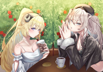 Rule 34 | 2girls, absurdres, ahoge, alternate costume, animal ear piercing, animal ears, black jacket, black tube top, blonde hair, breasts, cleavage, closed mouth, coffee mug, commentary request, cropped jacket, cup, dress, drinking glass, erimakie20, highres, holding, holding cup, hololive, horns, jacket, large breasts, lion ears, lion girl, long hair, looking at viewer, mug, multiple girls, open mouth, own hands together, ponytail, purple eyes, sheep girl, sheep horns, shishiro botan, solo, strapless, tsunomaki watame, tube top, very long hair, virtual youtuber, white dress