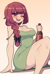 Rule 34 | 1girl, absurdres, alcohol, beer bottle, black bow, blunt bangs, blush, bocchi the rock!, bottle, bow, braid, breasts, cleavage, collarbone, daigada, dress, gradient background, green dress, hair bow, hand on floor, highres, hiroi kikuri, holding, holding bottle, long hair, looking at viewer, medium breasts, off shoulder, one eye closed, open mouth, pink eyes, red hair, shadow, sharp teeth, single braid, sitting, sleeveless, sleeveless dress, solo, strap slip, teeth, thick thighs, thighs, tight clothes, white background, wide hips, yellow background