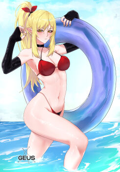 1girl absurdres bare_shoulders bikini black_bikini blonde_hair blush breasts cleavage elbow_gloves fingerless_gloves geus_(just_geus) gloves hair_ribbon hands_up highres holding holding_swim_ring innertube kiss-shot_acerola-orion_heart-under-blade large_breasts long_hair looking_at_viewer monogatari_(series) oshino_shinobu pointy_ears ponytail red_bikini red_ribbon ribbon solo swim_ring swimsuit wading water yellow_eyes