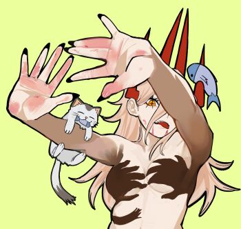 1girl \||/ absurdres black_nails blonde_hair blood blood_on_hands breasts cat chainsaw_man commentary cropped_torso cross-shaped_pupils demon_horns double_\||/ english_commentary fingernails fish hair_between_eyes hand_shadow_covering_breasts_(meme) highres horns lips long_fingernails long_hair long_hair_between_eyes looking_at_viewer medium_breasts meme nude outstretched_arms power_(chainsaw_man) red_horns ringed_eyes sailen0 shadow_censor sharp_teeth solo symbol-shaped_pupils teeth tongue tongue_out upper_body yellow_background yellow_eyes
