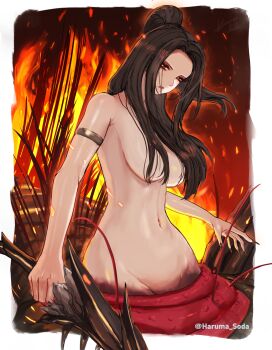 1girl arachne armlet arthropod_girl bare_shoulders black_hair breasts chaos_witch_quelaag commentary_request cowboy_shot dark_souls_(series) dark_souls_i fingernails fire groin hair_censor hair_over_breasts highres insect_girl jewelry large_breasts long_fingernails long_hair looking_at_viewer monster_girl navel nude parted_bangs parted_lips ponytail red_eyes sidelocks solo souda spider_girl stomach sword taur twitter_username weapon