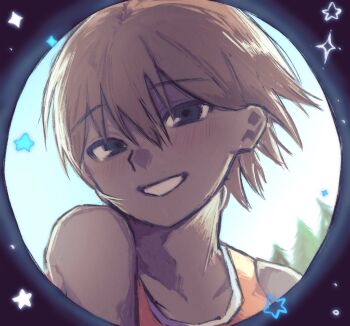 1boy black_eyes blush brown_hair collarbone dark-skinned_male dark_skin grin highres kel_(faraway)_(omori) kel_(omori) looking_at_viewer madai_(si_202) male_focus monitoring_(vocaloid) omori open_mouth short_hair smile solo teeth upper_body