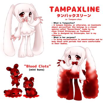 1girl 2000s_(style) animal_hands blood bow bowtie claws commentary creature english_commentary english_text faux_retro_artstyle highres kasanemichael menstruation multiple_views original personification red_eyes simple_background tail tampon twintails white_background white_hair wings