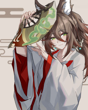 Rule 34 | 1girl, absurdres, animal ear fluff, animal ears, blush, brown hair, closed mouth, collarbone, cowboy shot, evzeva, eyebrows hidden by hair, eyes visible through hair, eyeshadow, fox ears, fox girl, fugue (honkai: star rail), green eyes, hair between eyes, hair ornament, hand fan, highres, holding, holding fan, honkai: star rail, honkai (series), japanese clothes, kimono, long hair, looking at viewer, makeup, multicolored hair, ponytail, red eyeshadow, red hair, smile, solo, streaked hair, tingyun (honkai: star rail), white background