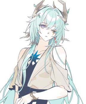 1girl anaxa_(honkai:_star_rail) aqua_hair bare_shoulders blue_eyes clothing_cutout genderswap genderswap_(mtf) hair_branch highres honkai:_star_rail honkai_(series) long_hair looking_at_viewer multicolored_eyes one_eye_closed purple_eyes riko1212 short_sleeves shoulder_cutout solo two-tone_eyes upper_body very_long_hair