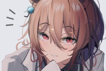 1girl agnes_tachyon_(umamusume) animal_ears black_shirt brown_hair chemical_structure collared_shirt commentary_request ear_ornament earrings emphasis_lines gratin grey_background hair_between_eyes hand_up highres horse_ears horse_girl jewelry looking_at_viewer parted_lips red_eyes sei_(bigaa) shirt short_hair simple_background single_earring solo umamusume