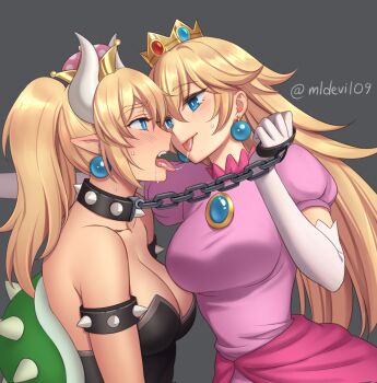 2girls :p after_kiss bare_shoulders bdsm blonde_hair bondage bound bowsette breasts bright_pupils chain chained cleavage collar collarbone crown dress earrings elbow_gloves eye_contact face-to-face fang femdom gloves half-closed_eyes jewelry large_breasts leash long_hair looking_at_another mario_(series) multiple_girls mylovelydevil new_super_mario_bros._u_deluxe nintendo open_mouth pointy_ears ponytail princess princess_peach puffy_short_sleeves puffy_sleeves role_reversal shell short_sleeves slave sleeveless sleeveless_dress super_crown sweatdrop tongue tongue_out upper_body yuri