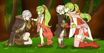 Rule 34 | commentary, commission, darkrexs, english commentary, fire emblem, fire emblem awakening, green hair, highres, holding hands, kiss, kissing forehead, kissing hand, kneeling, male robin (fire emblem), nintendo, pink ribbon, ribbon, tiki (adult) (fire emblem), tiki (fire emblem), white hair