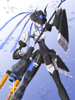 1girl absurdres asymmetrical_horns black_hair blue_hair blush breasts colored_inner_hair darling_in_the_franxx demon_horns hair_ornament highres hololive hololive_english horns large_breasts long_hair looking_at_viewer mecha mole mole_under_eye multicolored_hair multiple_girls nerissa_ravencroft red_eyes robot robot_girl shirt smile solo two-tone_hair uneven_horns very_long_hair virtual_youtuber voldox