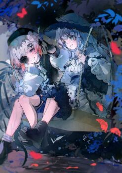 2girls artist_request beret black_boots black_gloves black_hat black_shoes boots bug butterfly chinese_commentary commentary_request commission dress flower frilled_dress frilled_sleeves frills full_body gloves gradient_hair hair_flower hair_ornament hand_on_own_cheek hand_on_own_face hat hat_flower insect long_hair long_sleeves looking_at_another looking_at_viewer mahou_shoujo_no_majo_saiban mao_ya_lapis multicolored_hair multiple_girls on_swing open_mouth outdoors pink_eyes pink_hair red_butterfly sakuraba_ema second-party_source shoes short_hair sitting skeletal_wings smile spoilers swing tree_shade tsukishiro_yuki white_dress white_flower white_hair wings witch_(manosaba) x_hair_ornament