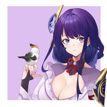 Rule 34 | 1girl, absurdres, armor, artist request, bird, bird on hand, blunt bangs, braid, breasts, bridal gauntlets, cleavage, closed mouth, genshin impact, hair ornament, head tilt, highres, huge breasts, japanese clothes, kimono, long braid, long hair, looking at viewer, mole, mole under eye, off shoulder, purple background, purple eyes, purple hair, purple kimono, purple nails, raiden shogun, shoulder armor, single braid, solo, upper body