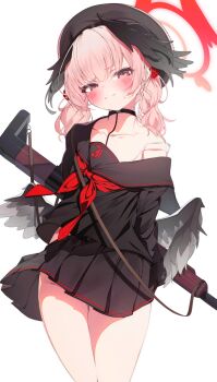 1girl absurdres alternate_costume arms_behind_back bare_legs beret black_choker black_hat black_sailor_collar black_serafuku black_shirt black_skirt black_wings blue_archive blush bra bra_strap choker closed_mouth collarbone cosplay dot_nose em-2 feathered_wings furrowed_brow gun hair_over_shoulder half-closed_eyes halo hat head_wings highres holding holding_gun holding_weapon justice_task_force_member_(blue_archive) justice_task_force_member_(blue_archive)_(cosplay) koharu_(blue_archive) loli long_hair long_sleeves looking_at_viewer low_wings neckerchief off_shoulder pink_eyes pink_hair pleated_skirt red_halo red_neckerchief sailor_collar school_uniform serafuku shirt sho_me_1853 sidelocks simple_background single_bare_shoulder skirt solo standing strap_slip sweatdrop thighs twintails underwear weapon white_background white_bra winged_halo wings