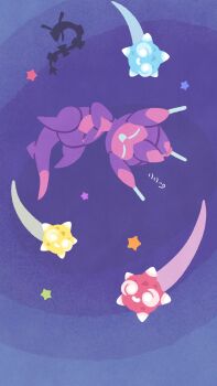 alternate_color colored_skin dragon eastern_dragon flying gen_3_pokemon gen_7_pokemon highres horns legendary_pokemon minior minior_(blue_core) minior_(core) minior_(red_core) minior_(yellow_core) night nintendo no_humans open_mouth poipole pokemon pokemon_(creature) pokemon_usum purple_skin rayquaza ririkopoke sky smile star_(symbol) tail ultra_beast