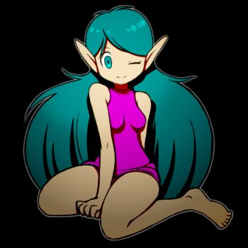 Rule 34 | 1girl, ;), bare arms, bare legs, bare shoulders, barefoot, beeru (veil8801), between legs, black background, blue eyes, blue hair, breasts, closed mouth, commentary request, covered collarbone, demon (megami tensei), dress, full body, hand between legs, long hair, medium breasts, megami tensei, megami tensei (famicom), no nose, one eye closed, pink dress, pointy ears, short dress, simple background, sitting, sleeveless, sleeveless dress, smile, solo, split mouth, succubus (megami tensei), very long hair, yokozuwari
