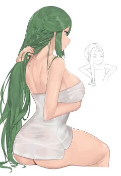2girls ass bare_back blonde_hair breasts butt_crack closed_eyes green_eyes green_hair hand_in_own_hair j@ck kid_icarus kid_icarus_uprising large_breasts long_hair multiple_girls nintendo onsen palutena parted_bangs sideboob sidelocks sitting steam towel towel_on_head unfinished viridi water