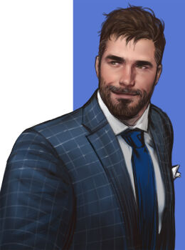 1boy beard blue_background blue_necktie brown_hair collared_shirt connected_beard dopey_(dopq) facial_hair grey_eyes highres light_smile looking_to_the_side male_focus mature_male necktie original plaid_suit shirt short_hair two-tone_background upper_body white_background white_hair