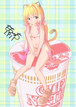 1girl absurdres animal_ear_fluff animal_ears artist_name bikini blonde_hair blush cat_ears cat_girl cat_tail collarbone dot_nose flat_chest full_body hair_between_eyes hair_intakes highres instant_cup_noodles instant_noodles light_smile looking_at_viewer navel nissin nissin_cup_noodle orange_eyes original plaid_background sandals sidelocks signature simple_background sitting solo swimsuit tail thighs totomoto twintails