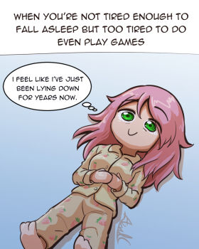 1girl :> azulcrescent barefoot blue_background breasts caption chibi chibi_only closed_mouth commentary english_commentary english_text food_print fruit_print green_eyes hair_between_eyes hands_on_own_chest long_sleeves looking_up lying medium_breasts medium_hair on_back original own_hands_together pajamas pants peach_print pink_hair shirt signature smile solo speech_bubble swept_bangs thought_bubble truth typo yellow_pajamas yellow_pants yellow_shirt